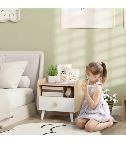 Mesita de Noche para Niños de +3 Años con Cajón y Bordes Redondeados para Dormitorio Roble y Blanco