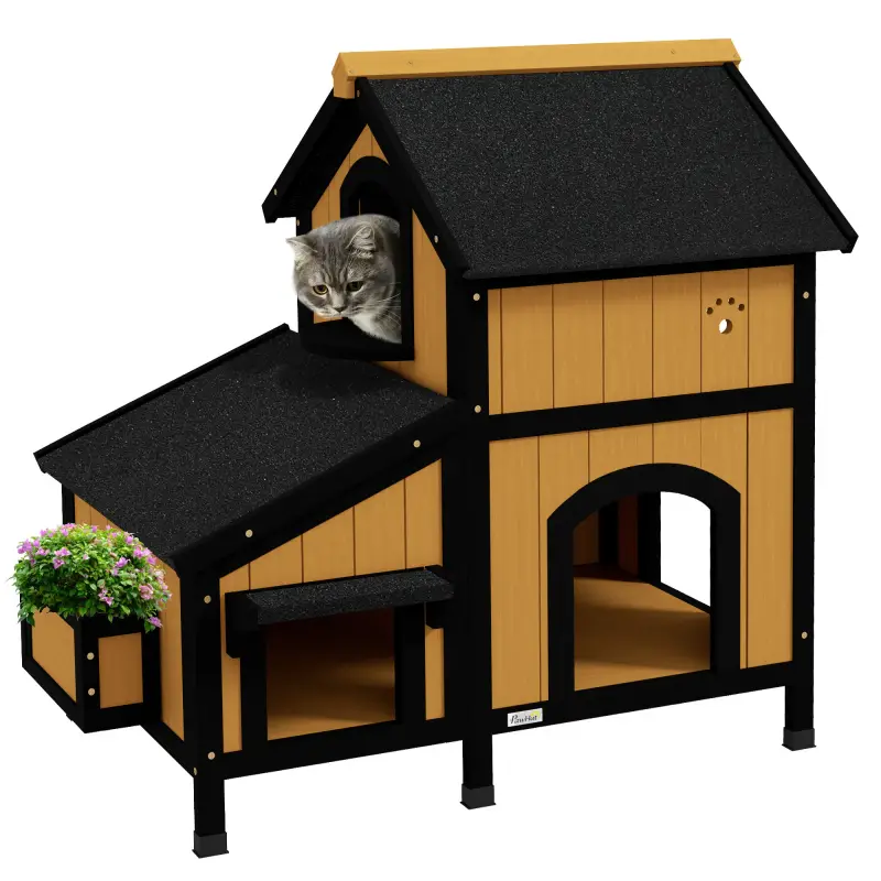 Caseta de Madera de Exterior para Gatos Casa para Gatos Refugio para Gatos de 2 Niveles 96x65x85,5 cm Natural