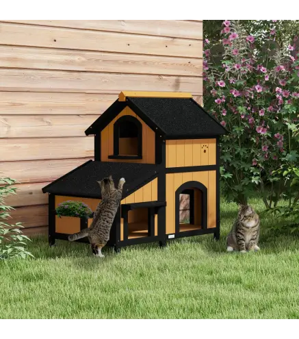 Caseta de Madera de Exterior para Gatos Casa para Gatos Refugio para Gatos de 2 Niveles 96x65x85,5 cm Natural