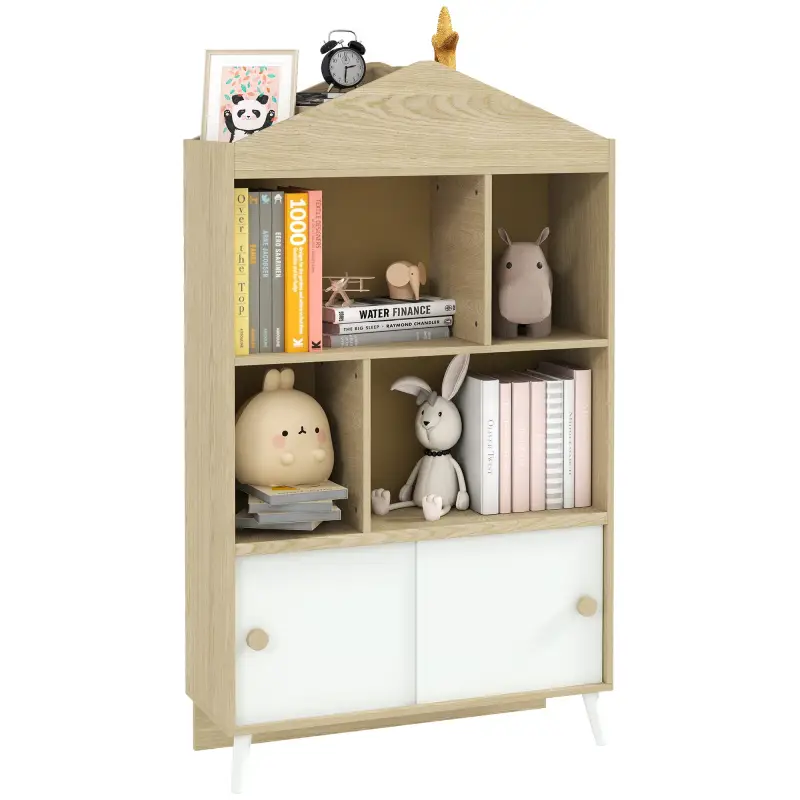 Librería Infantil con 4 Compartimentos Estantes Abiertos y Armario 80x30x140,5 cm Blanco y Natural