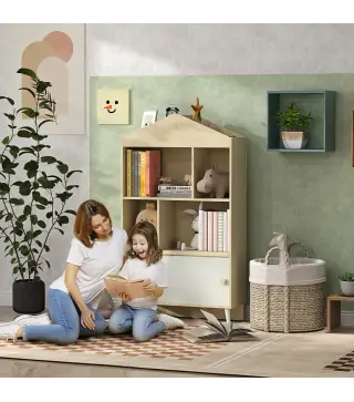 Librería Infantil con 4 Compartimentos Estantes Abiertos y Armario 80x30x140,5 cm Blanco y Natural