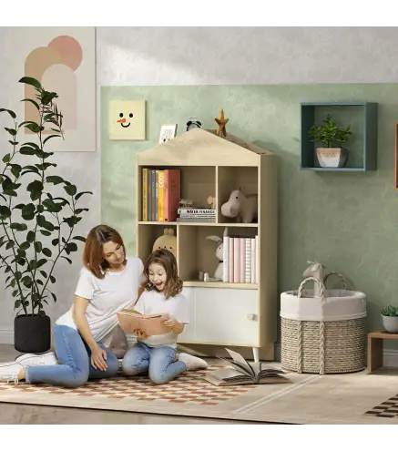 Librería Infantil con 4 Compartimentos Estantes Abiertos y Armario 80x30x140,5 cm Blanco y Natural