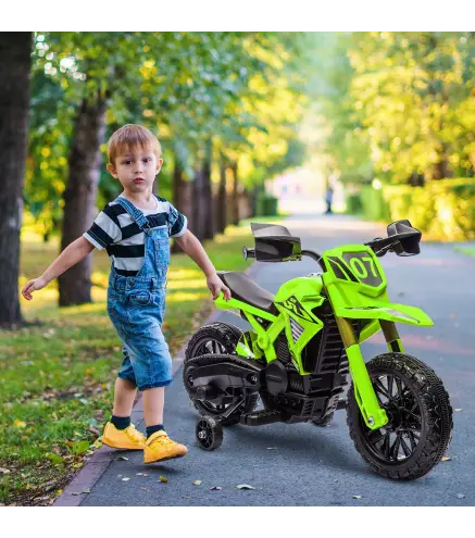 Moto Eléctrica para Niños de +3 Años Moto a Batería para Niños 12V con Ruedas de Auxiliar y Bocina Carga 30 kg Verde