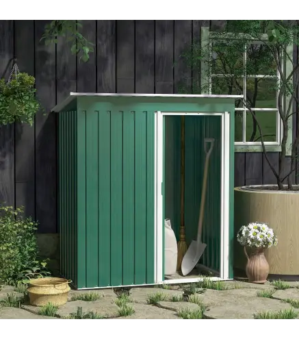 Cobertizo de Jardín Exterior 1,16 m² 163x89x182 cm Caseta Metálica con Puerta Corredera y Techo Inclinado Verde