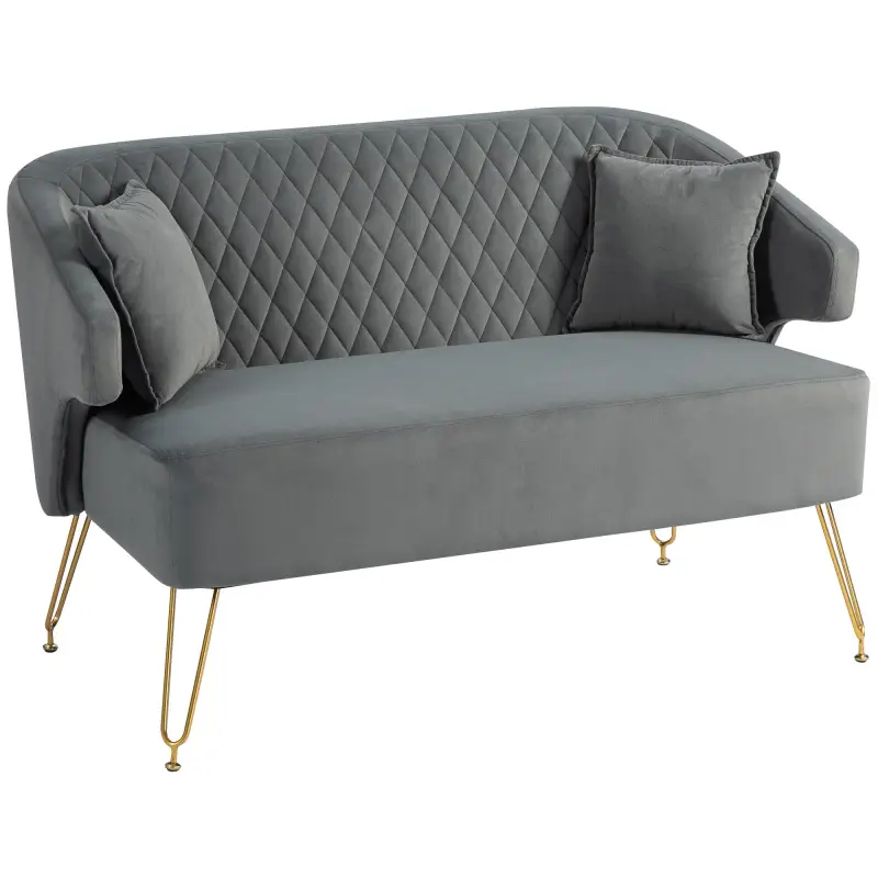 Sofá de 2 Plazas Tapizado en Terciopelo con 2 Almohadas Reposabrazos y Patas de Acero Carga 240 kg 124x69x76 cm Gris