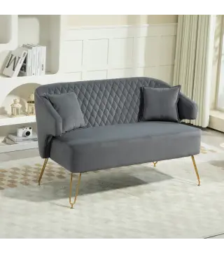 Sofá de 2 Plazas Tapizado en Terciopelo con 2 Almohadas Reposabrazos y Patas de Acero Carga 240 kg 124x69x76 cm Gris