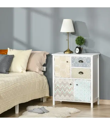 Cómoda para Dormitorio Bohemio con 2 Cajones 3 Compartimentos Diseño Anti-vuelco 68x34x80 cm Blanco