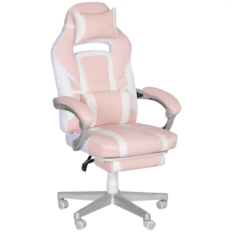 Silla Gamer Reclinable con Altura Ajustable Reposapiés Retráctil Soporte Lumbar y Reposacabezas Desmontable Rosa