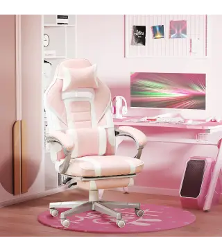 Silla Gamer Reclinable con Altura Ajustable Reposapiés Retráctil Soporte Lumbar y Reposacabezas Desmontable Rosa