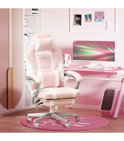Silla Gamer Reclinable con Altura Ajustable Reposapiés Retráctil Soporte Lumbar y Reposacabezas Desmontable Rosa