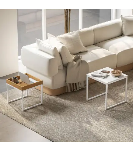 Mesas Nidos de 2 Piezas con Marco de Acero Mesas de Centro Pequeñas para Dormitorio Blanco y Roble