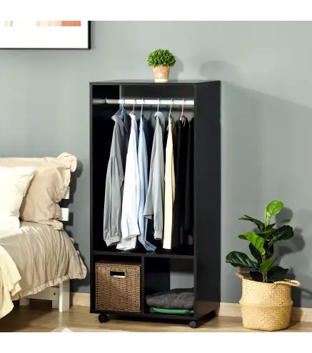 Armario Ropero con Ruedas Barra y Estantes para tener Ropa Colgada y Doblada 60x40x128 cm Negro