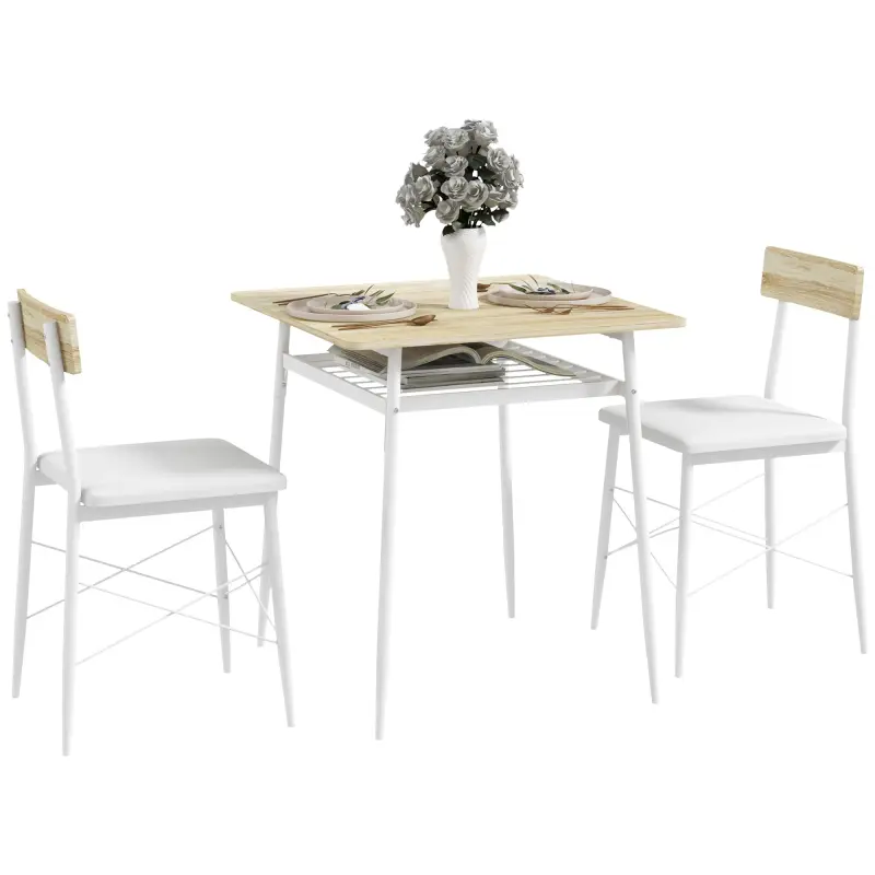 Conjunto de Mesa y Sillas de Comedor de 3 Piezas con Estante Abierto Estructura de Acero Blanco y Roble