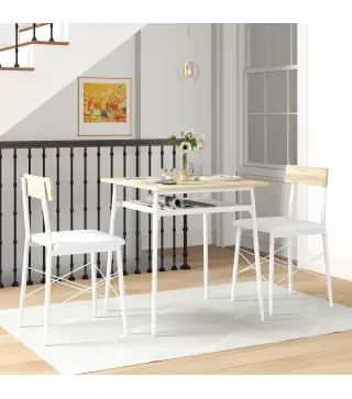 Conjunto de Mesa y Sillas de Comedor de 3 Piezas con Estante Abierto Estructura de Acero Blanco y Roble