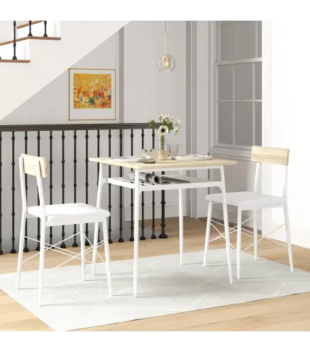 Conjunto de Mesa y Sillas de Comedor de 3 Piezas con Estante Abierto Estructura de Acero Blanco y Roble