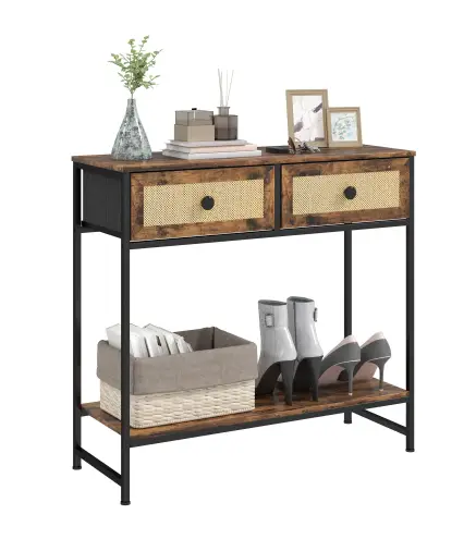Mesa Consola con Estante Abierto y 2 Cajones Frontales de Ratán Consola para Recibidor 80x30x75 cm Marrón Rústico