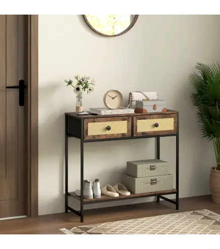 Mesa Consola con Estante Abierto y 2 Cajones Frontales de Ratán Consola para Recibidor 80x30x75 cm Marrón Rústico