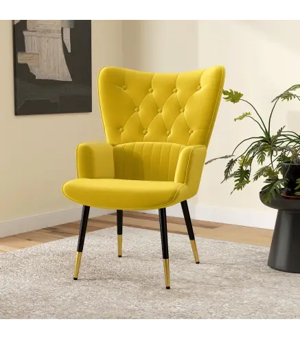 Butaca de Salón Sillón Individual Tapizado en Terciopelo con Respaldo Alto Estilo Moderno 68x72x103 cm Amarillo