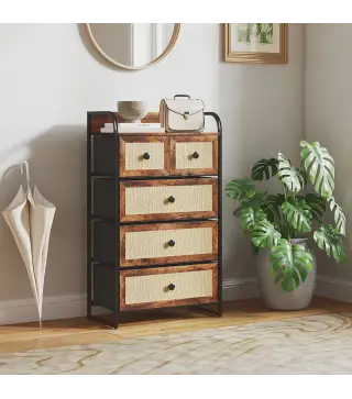 Cómoda para Dormitorio con 5 Cajones con Frentes de Ratán y Marco de Acero 58x29x99 cm Marrón Rústico