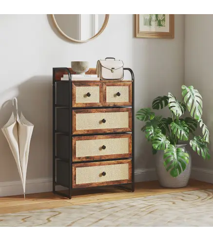 Cómoda para Dormitorio con 5 Cajones con Frentes de Ratán y Marco de Acero 58x29x99 cm Marrón Rústico