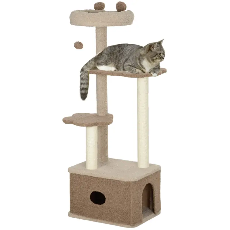 Árbol Rascador para Gatos Altura 133 cm Torre para Gatos con Nido Plataformas Bola Colgante y Poste de Yute Café