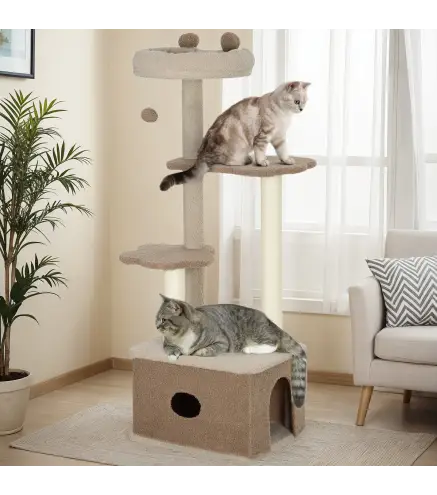 Árbol Rascador para Gatos Altura 133 cm Torre para Gatos con Nido Plataformas Bola Colgante y Poste de Yute Café