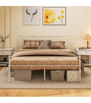 Cama Doble 135x190 cm con Cabecera Listones de Acero y Espacio de Almacenamiento Debajo de la Cama Carga 330 kg Blanco