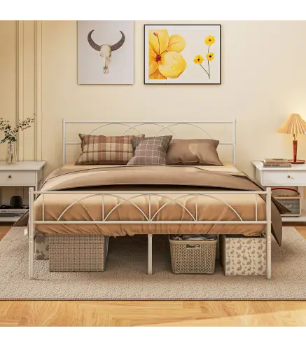 Cama Doble 135x190 cm Estructura Metálica con Cabecero Somier Altura 28 cm Espacio de Almacenamiento Carga 330 kg Blanco