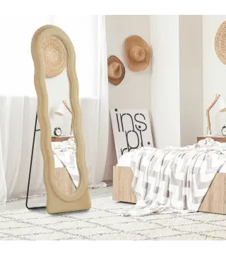 Espejo de Cuerpo Entero 160x50 cm Diseño Ondulado Marco con Tela de Terciopelo para Salón Dormitorio Beige