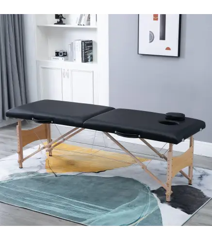 Camilla de Masaje Plegable con Marco de Madera con Altura Regulable y Bolsa de Transporte 186x60x58-81 cm Negro