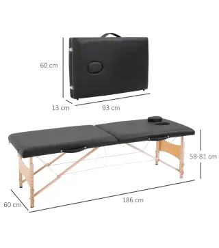 Camilla de Masaje Plegable con Marco de Madera con Altura Regulable y Bolsa de Transporte 186x60x58-81 cm Negro