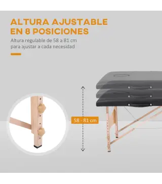 Camilla de Masaje Plegable con Marco de Madera con Altura Regulable y Bolsa de Transporte 186x60x58-81 cm Negro