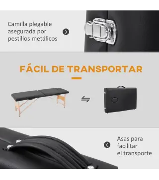 Camilla de Masaje Plegable con Marco de Madera con Altura Regulable y Bolsa de Transporte 186x60x58-81 cm Negro