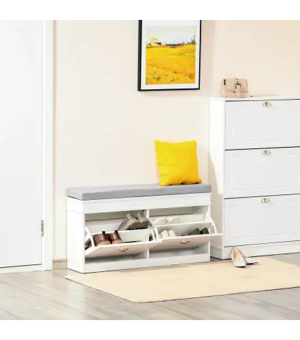 Banco Zapatero Banco de Almacenamiento para 8 Pares de Zapatos con 2 Cajones Estantes Ajustables 104x24x55 cm Blanco