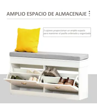 Banco Zapatero Banco de Almacenamiento para 8 Pares de Zapatos con 2 Cajones Estantes Ajustables 104x24x55 cm Blanco