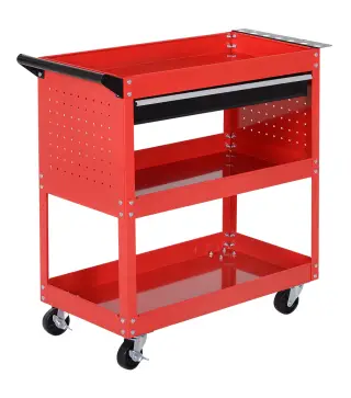 Carro de Taller Carro de Herramientas con 3 Bandejas y Cajón Ruedas con Frenos Asa Lateral Panel Lateral Perforado Rojo