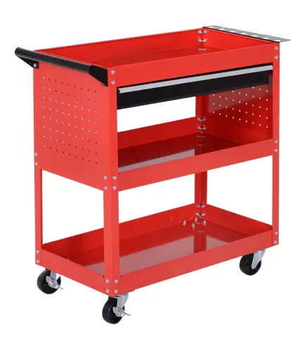 Carro de Taller Carro de Herramientas con 3 Bandejas y Cajón Ruedas con Frenos Asa Lateral Panel Lateral Perforado Rojo