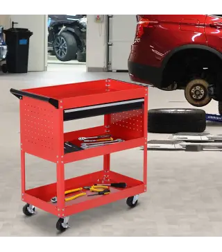 Carro de Taller Carro de Herramientas con 3 Bandejas y Cajón Ruedas con Frenos Asa Lateral Panel Lateral Perforado Rojo