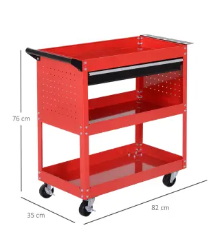 Carro de Taller Carro de Herramientas con 3 Bandejas y Cajón Ruedas con Frenos Asa Lateral Panel Lateral Perforado Rojo