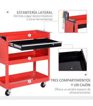 Carro de Taller Carro de Herramientas con 3 Bandejas y Cajón Ruedas con Frenos Asa Lateral Panel Lateral Perforado Rojo