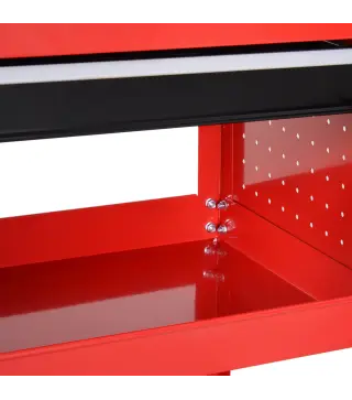 Carro de Taller Carro de Herramientas con 3 Bandejas y Cajón Ruedas con Frenos Asa Lateral Panel Lateral Perforado Rojo
