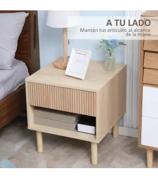 Mesita de Noche Mesilla de Noche con Cajón y Estante Abierto Estilo Moderno para Dormitorio 47x47x50 cm Madera Natural