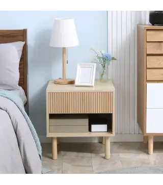 Mesita de Noche Mesilla de Noche con Cajón y Estante Abierto Estilo Moderno para Dormitorio 47x47x50 cm Madera Natural