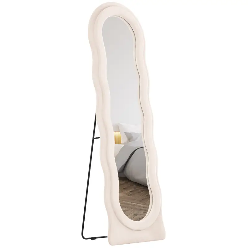 Espejo de Cuerpo Entero 160x50 cm Diseño Ondulado Marco con Tela de Terciopelo para Salón Dormitorio Crema