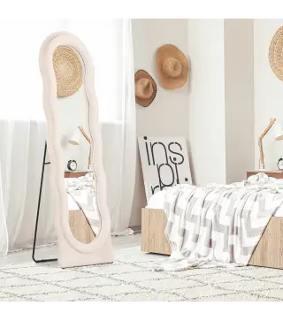 Espejo de Cuerpo Entero 160x50 cm Diseño Ondulado Marco con Tela de Terciopelo para Salón Dormitorio Crema