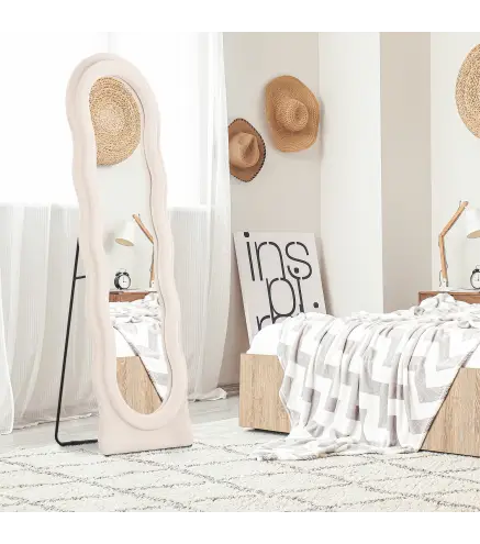Espejo de Cuerpo Entero 160x50 cm Diseño Ondulado Marco con Tela de Terciopelo para Salón Dormitorio Crema