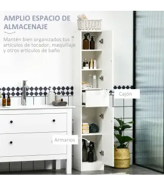Columna de Baño con 1 Cajón y 5 Estantes Abiertos Mueble Auxiliar de Baño Estilo Moderno 30x28x170 cm Blanco