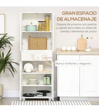 Aparador Alacena de Cocina Mueble Auxiliar con 4 Puertas 2 Cajones y Estantes Ajustables 60x35x170 cm Blanco