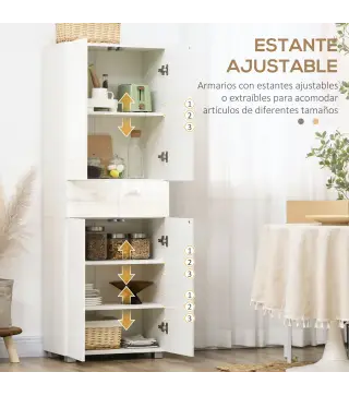 Aparador Alacena de Cocina Mueble Auxiliar con 4 Puertas 2 Cajones y Estantes Ajustables 60x35x170 cm Blanco