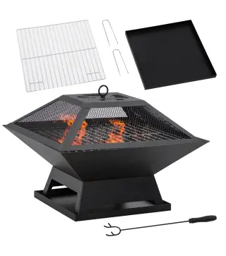 Brasero Exterior de Acero Pozo de Fuego para Jardín Multifuncional con Protector de Chispas y Atizador 45x45x34cm Negro